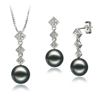 8-9mm AAA-Qualität Japanische Akoya Perlen Set in Rozene Schwarz